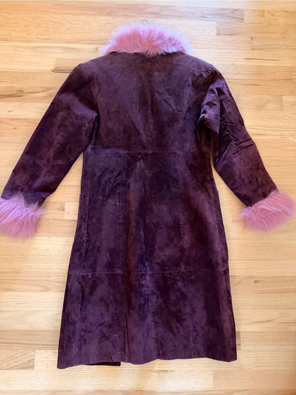 XOXO Plum Suede Trench Coat with Pink Faux Fur Trim - Picture 2 of 5